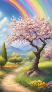 rainbow colored almond tree blossom background illustration aesthetic wallpaper 4