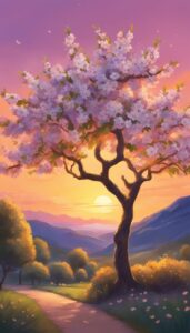 sunset almond tree blossom background illustration aesthetic wallpaper 3