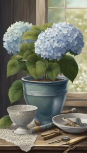 vintage hydrangea hortensia plant in pot illustration idea 3