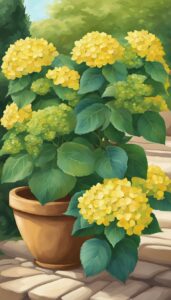 yellow hydrangea hortensia plant in pot illustration idea 2