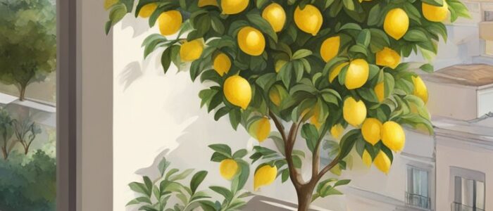balcony potted lemon citrus tree background wallpaper illustration 2