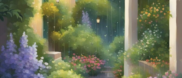 rainy garden Mediterranean background wallpaper aesthetic illustration 2