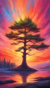 sunset pine tree background aesthetic wallpaper illustration 1