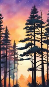 sunset watercolor pine tree background aesthetic wallpaper illustration 1