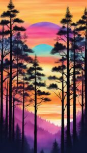 sunset watercolor pine tree background aesthetic wallpaper illustration 2