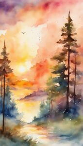 sunset watercolor pine tree background aesthetic wallpaper illustration 3