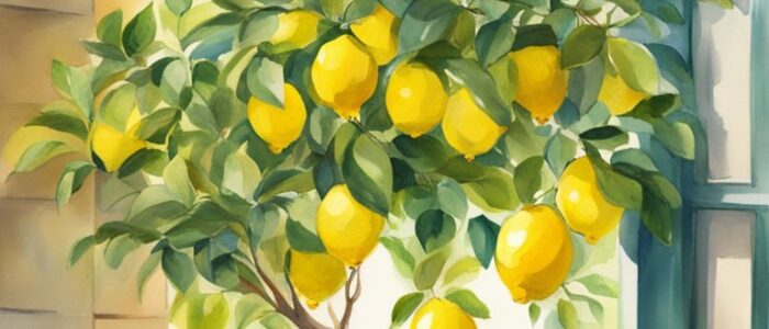 watercolor art potted lemon citrus tree background wallpaper illustration 2