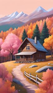 pink Mountain Cabin Autumn Aesthetic Idea 1