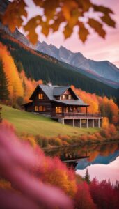 pink Mountain Cabin Autumn Aesthetic Idea 4