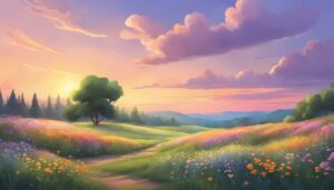 Landscape Romantic Flowers aesthetic wallpaper background illustration 1