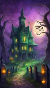 Purple and Green Halloween Decoration Aesthetic Background Illustration Wallpaper 2