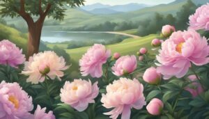 landscape pink peonies flowers background wallpaper illustration 1