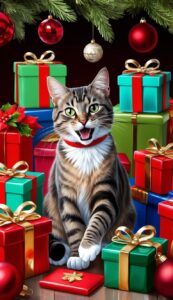 Adventurous Cat in Holiday Gifts Christmas background wallpaper