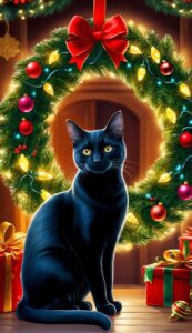 Black Cat with Christmas Wreath background wallpaper