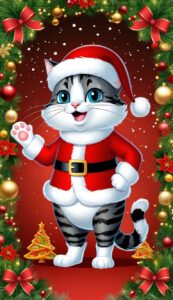 Cartoon Cat in Santa Suit Christmas background wallpaper