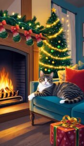 Cat Relaxing Christmas background wallpaper