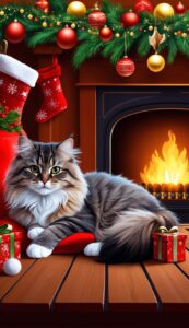 Cozy Cat by the Fireplace Christmas background wallpaper