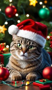 Festive Feline with Santa Hat Christmas background wallpaper