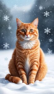 Ginger Cat with Snowflakes Christmas background wallpaper