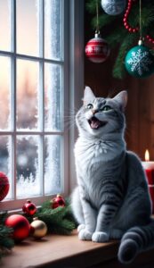 Joyous Cat by Frosty Window Christmas background wallpaper