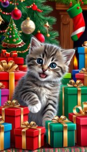 Merry Kitten Among Presents Christmas background wallpaper