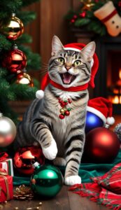 Playful Cat with Ornaments Christmas background wallpaper