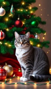 Realistic Cat by the Christmas Tree background wallpaper