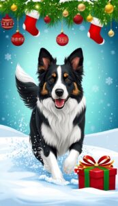 Snow covered Border Collie Christmas background phone wallpaper