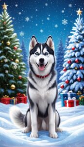 Snowy Siberian Husky Christmas background phone wallpaper