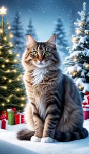 Tabby Cat in Winter Wonderland Christmas background wallpaper