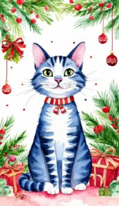 Whimsical Watercolor Cat Christmas background wallpaper