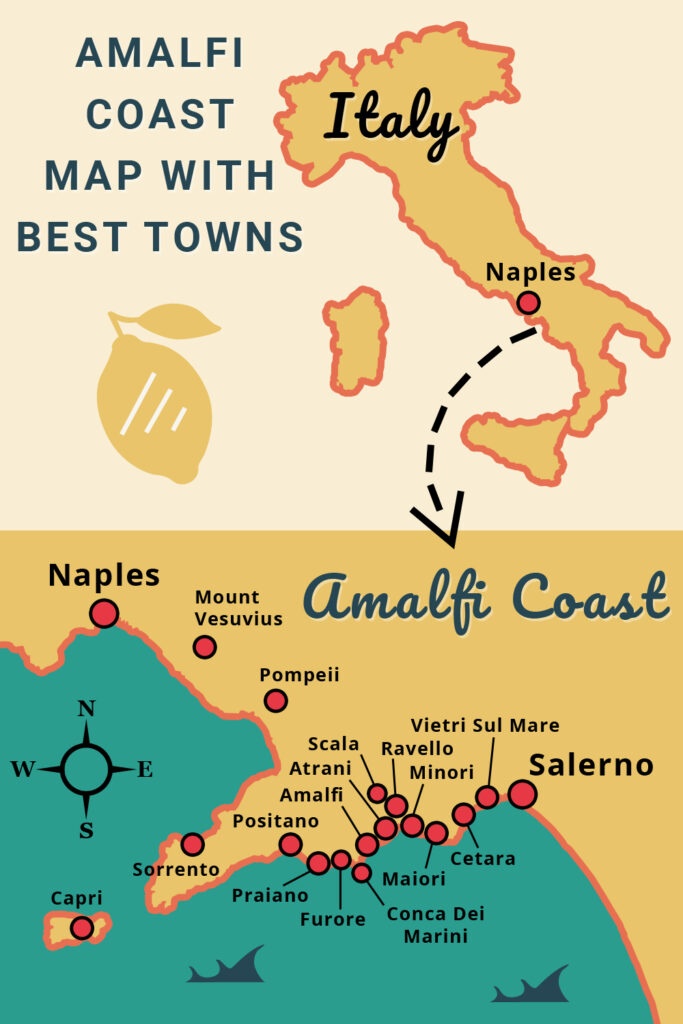Best Towns on the Amalfi Coast, Italy, Map Illustration